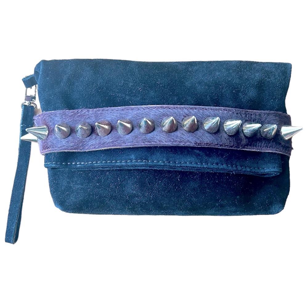 Via Repubblica Clutch Wristlet Black Suede & Burgundy Pony-hair with gold studs